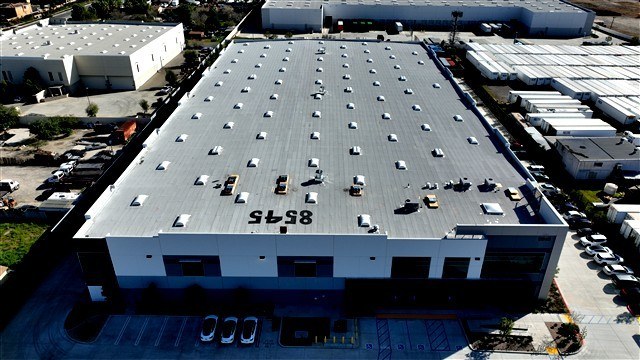 Drone view of an industrial building roof