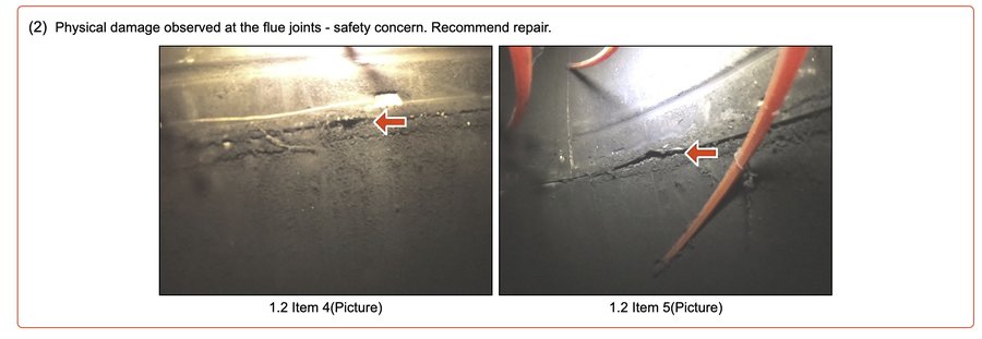 Physically damaged, separated metal flue joint found during a chimney inspection