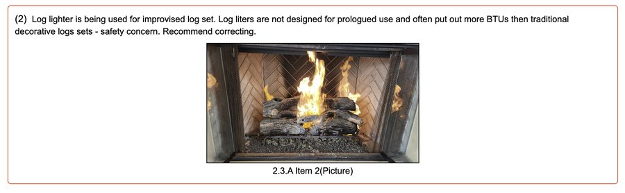 Improper log lighter and log set use flagged during a chimney inspection