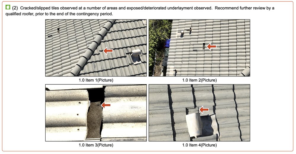 Cracked and slipped roof tiles with exposed underlayment documented from a drone