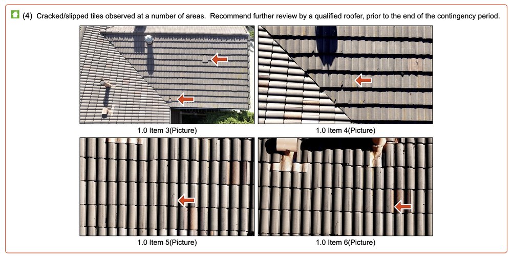 Hairline cracks and slipped tiles identified across multiple roof areas from a drone