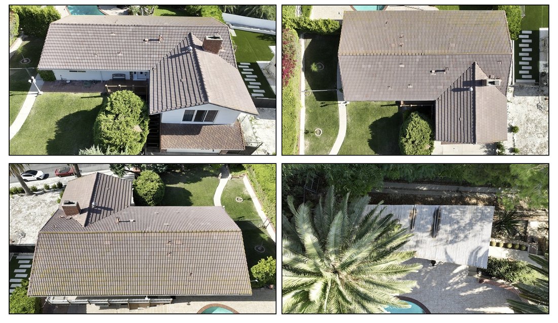 Aerial drone overview of a roof from a Morrison Plus inspection showing roof geometry, drainage paths, and penetrations