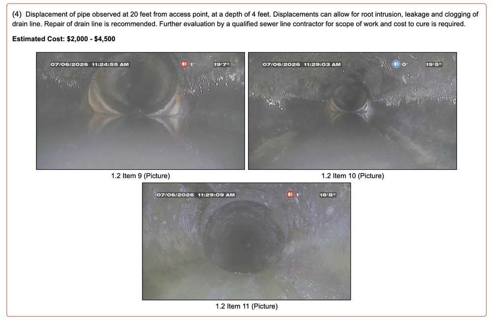 Offset or displaced pipe joint documented during a Morrison Plus sewer inspection