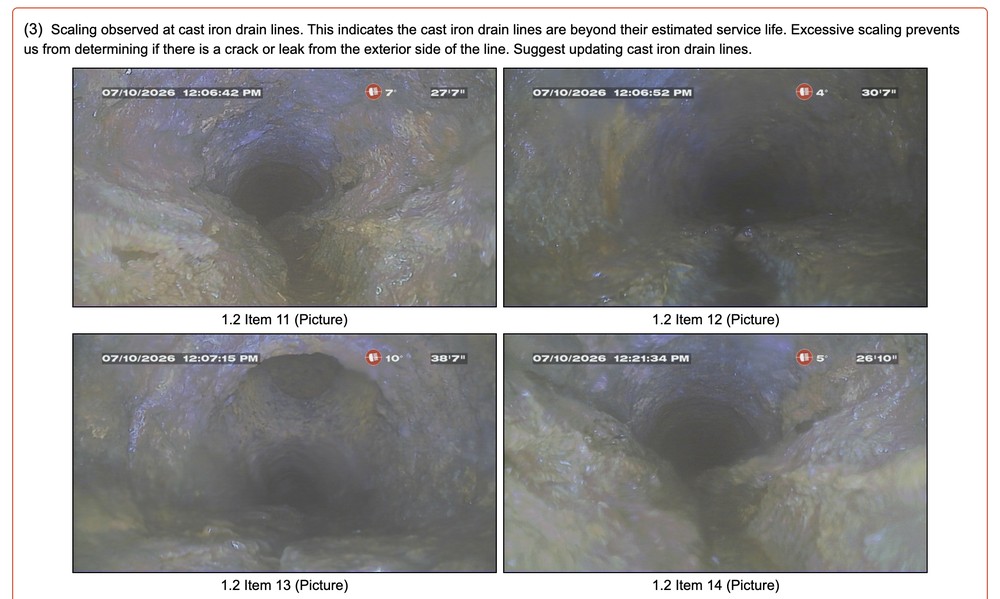 Heavy scaling in cast iron drain lines documented during a Morrison Plus sewer inspection