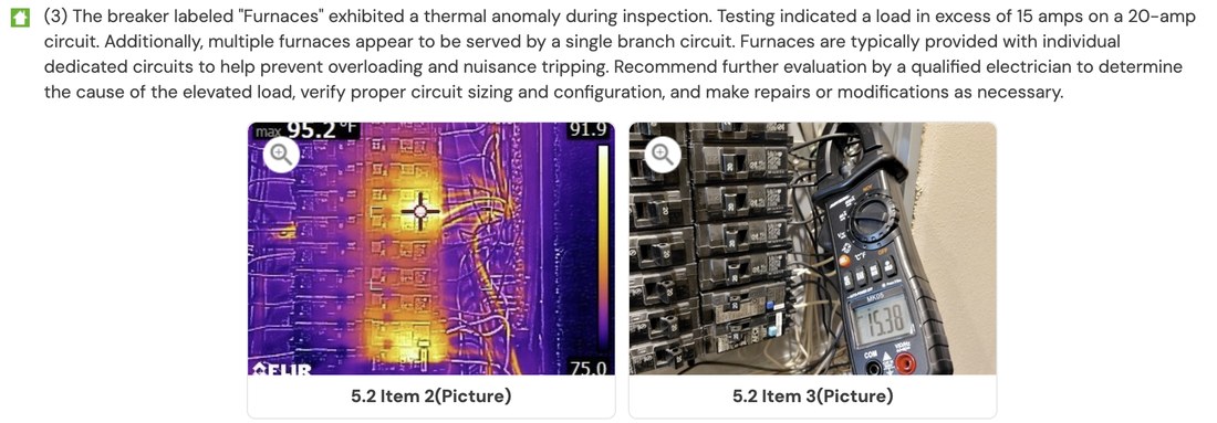 Standard photo and infrared thermal image from a Morrison Plus report, with an amp clamp confirming the amperage finding